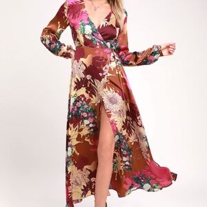 Lulu’s Put on a Smile Burgundy Floral Print Satin Wrap Maxi Dress